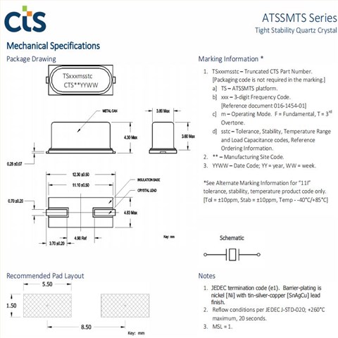 TS220F33CET,ATSSMTS,CTS微处理器晶振,22MHz,工业应用晶振